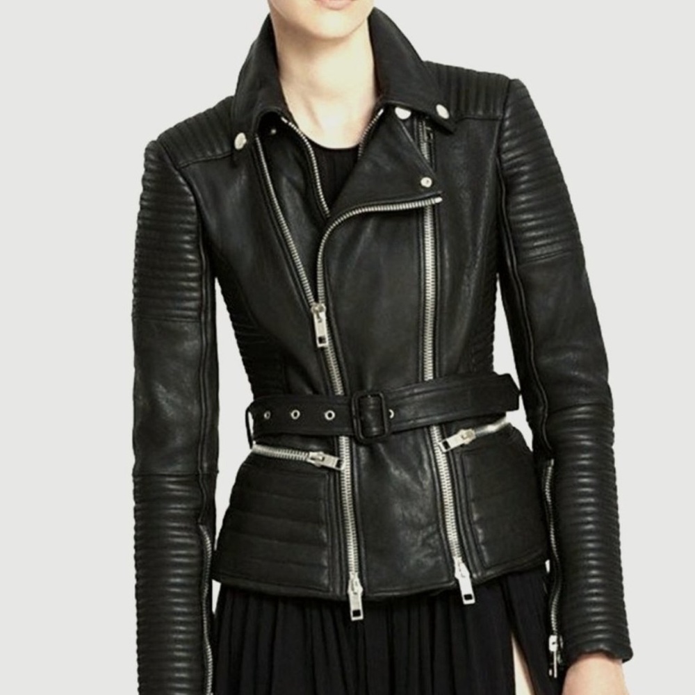 Burberry Motto Lamb Leather Biker Jacket UK 8/US6